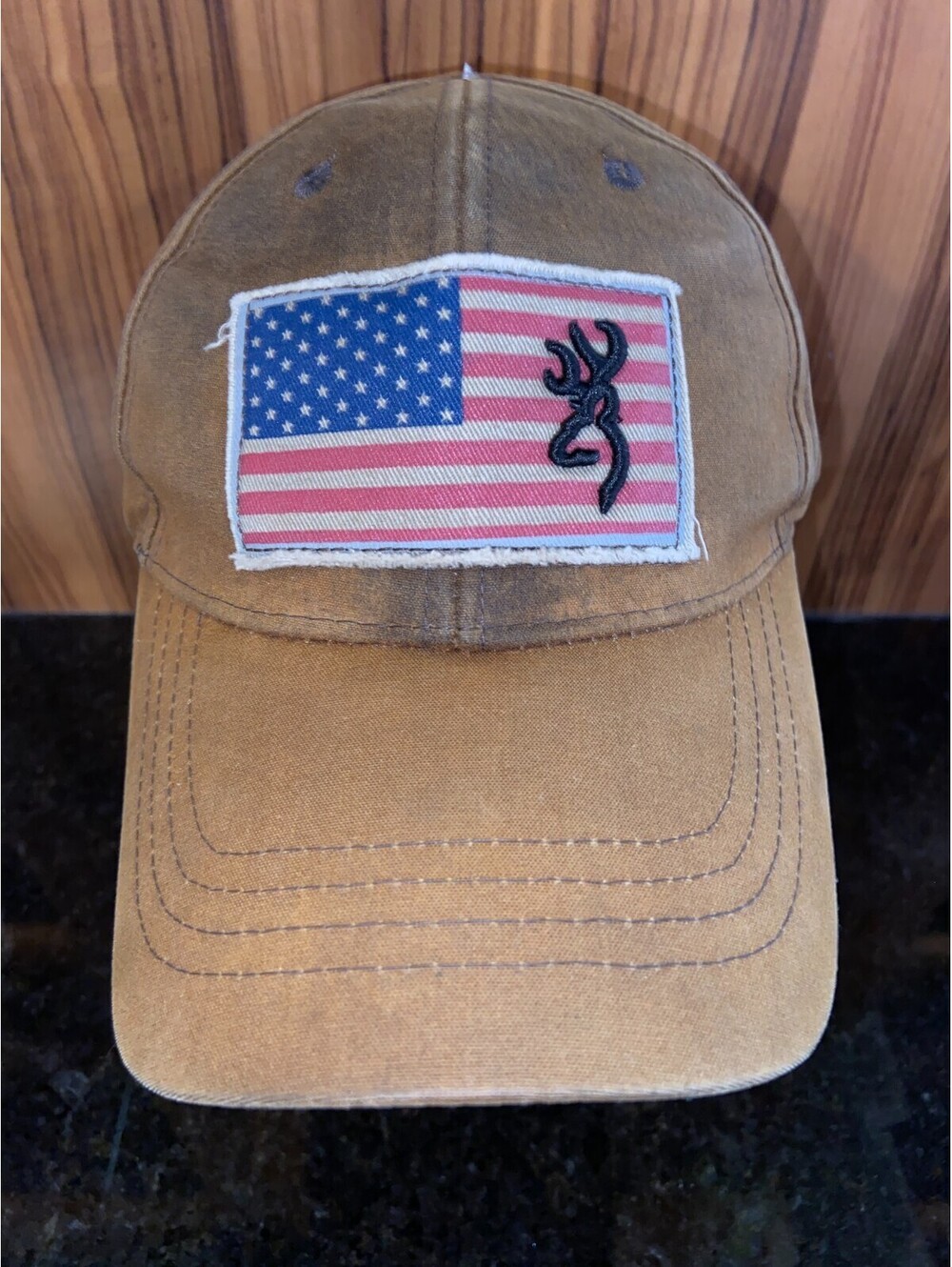 Browning American Flag Back Deer Rack Rugged Worn Strapback Baseball Hat Waxed
